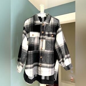 Hyfve black, grey and white plaid oversized fit shacket.